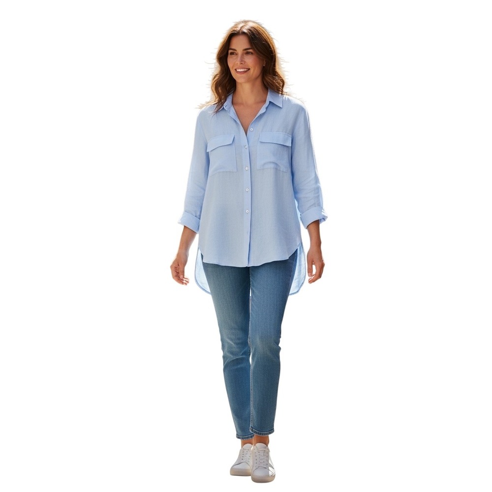 Theory Shirt Relaxed Linen Light‎ Blue collared Button Down blouse women size M